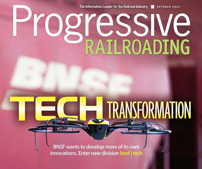 A cover of Progressive Railroading features a BNSF drone.